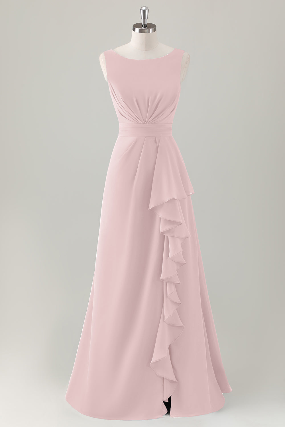 Champagne A-Line Ruffle Long Bridesmaid Dress with Slit