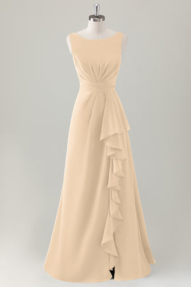 Champagne A-Line Ruffle Long Bridesmaid Dress with Slit