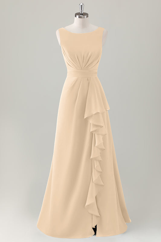 Champagne A-Line Ruffle Long Bridesmaid Dress with Slit