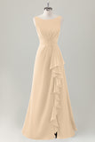 Champagne A-Line Ruffle Long Bridesmaid Dress with Slit