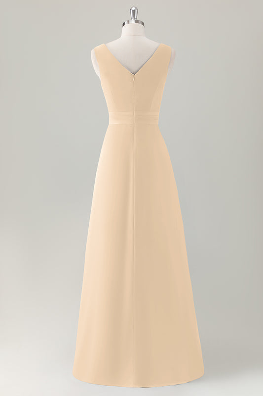 Champagne A-Line Ruffle Long Bridesmaid Dress with Slit