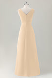 Champagne A-Line Ruffle Long Bridesmaid Dress with Slit