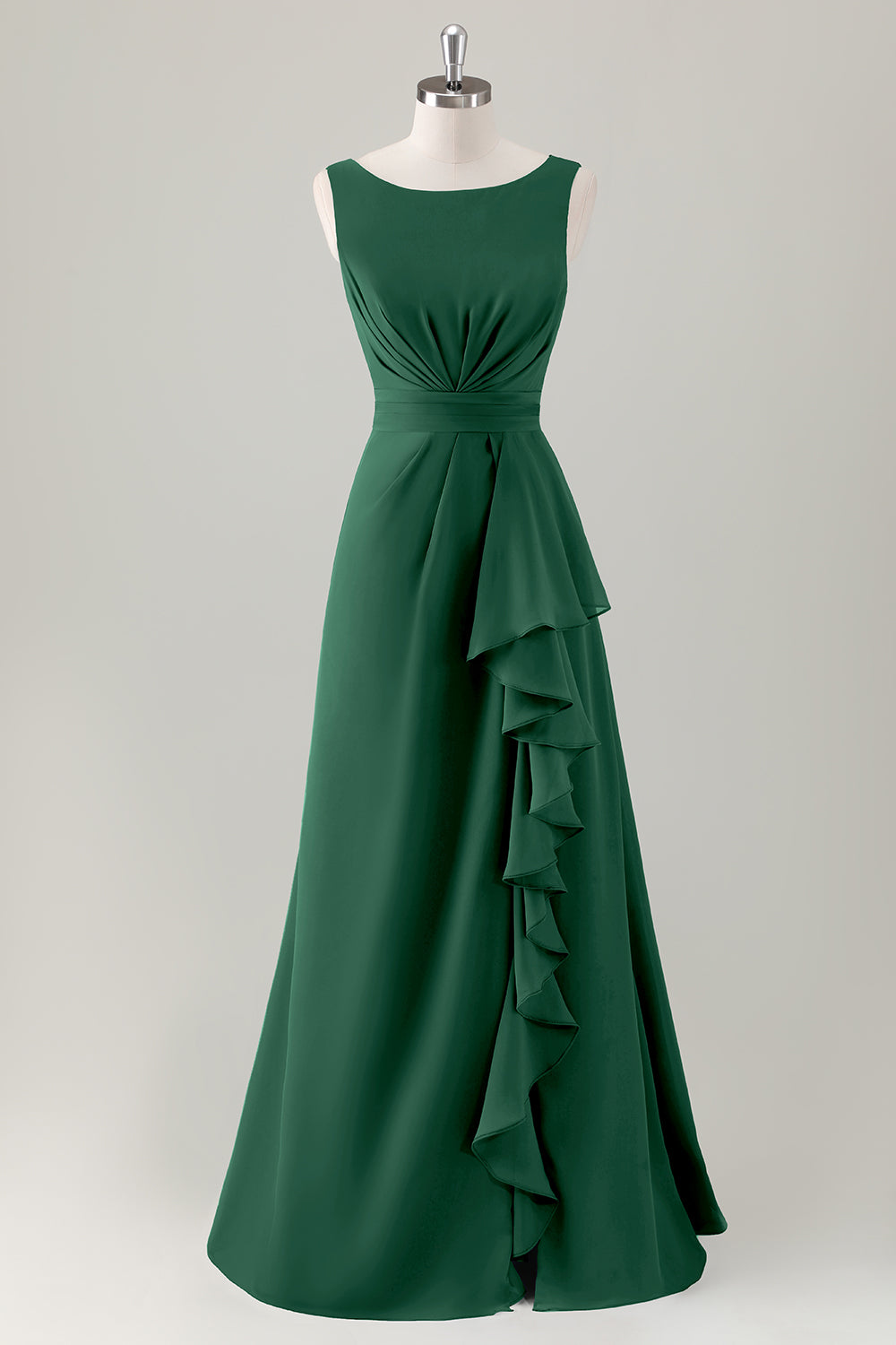 Champagne A-Line Ruffle Long Bridesmaid Dress with Slit