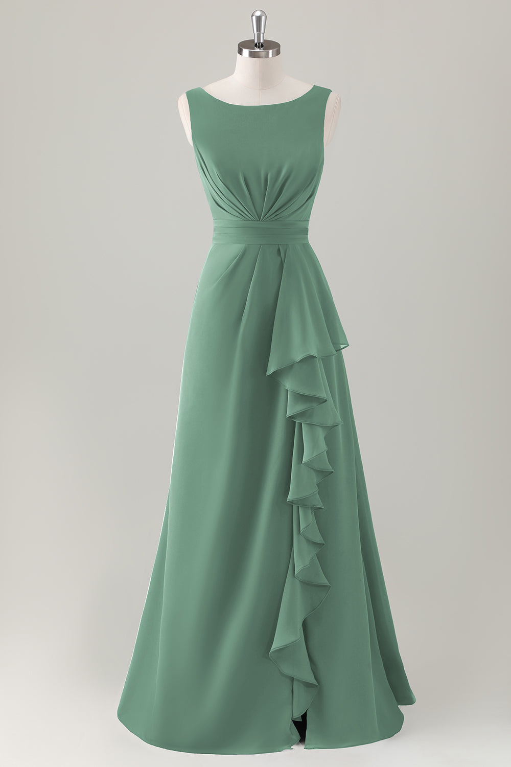 Champagne A-Line Ruffle Long Bridesmaid Dress with Slit