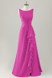 Champagne A-Line Ruffle Long Bridesmaid Dress with Slit