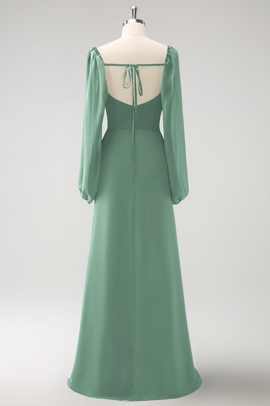 Eucalyptus Sheath Square Neck Chiffon Long Sleeves Long Bridesmaid Dress with Slit