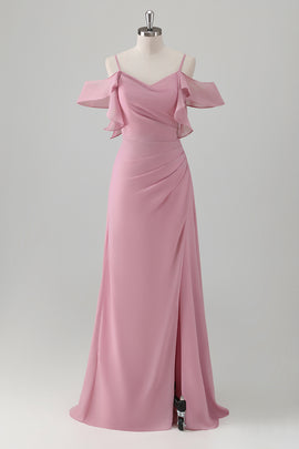 Pink Cold Shoulder Chiffon Long Bridesmaid Dress with Slit