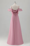 Pink Cold Shoulder Chiffon Long Bridesmaid Dress with Slit