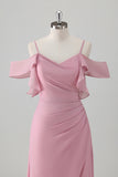 Pink Cold Shoulder Chiffon Long Bridesmaid Dress with Slit