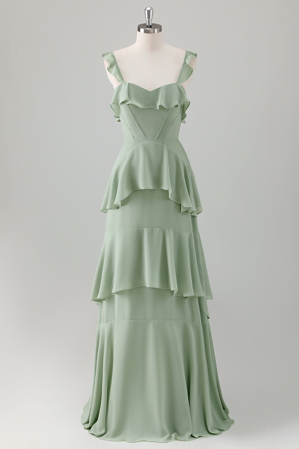 Light Green A-Line Tiered Chiffon Corset Long Bridesmaid Dress