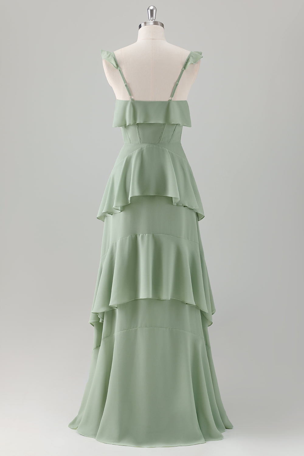 Light Green A-Line Tiered Chiffon Corset Long Bridesmaid Dress