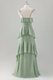 Light Green A-Line Tiered Chiffon Corset Long Bridesmaid Dress