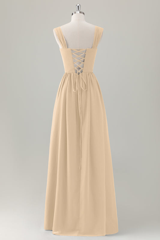 Champagne A-Line Square Neck Corset Long Bridesmaid Dress with Lace Up Back