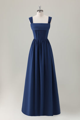 Dark Blue A-Line Square Neck Corset Long Bridesmaid Dress with Lace Up Back