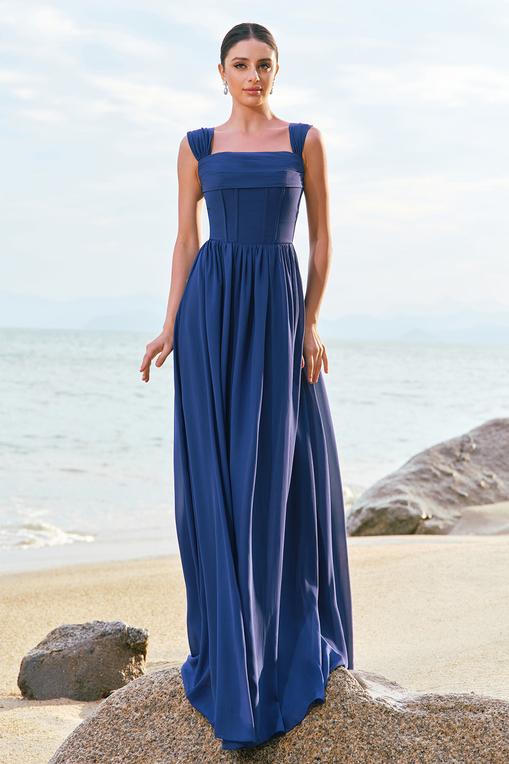 Dark Blue A-Line Square Neck Corset Long Bridesmaid Dress with Lace Up Back