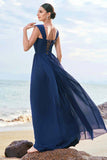 Dark Blue A-Line Square Neck Corset Long Bridesmaid Dress with Lace Up Back