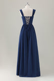 Dark Blue A-Line Square Neck Corset Long Bridesmaid Dress with Lace Up Back