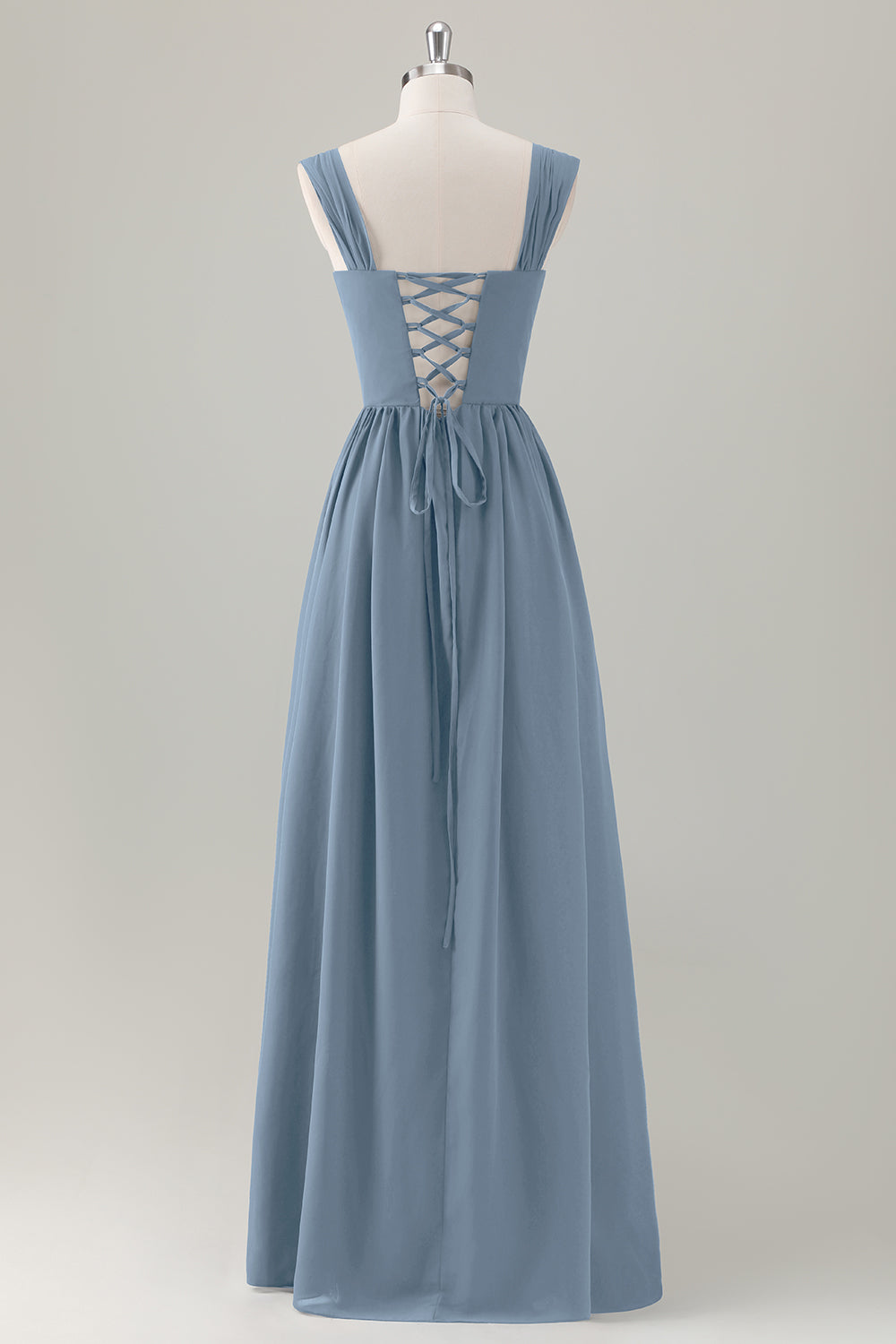 Dark Blue A-Line Square Neck Corset Long Bridesmaid Dress with Lace Up Back