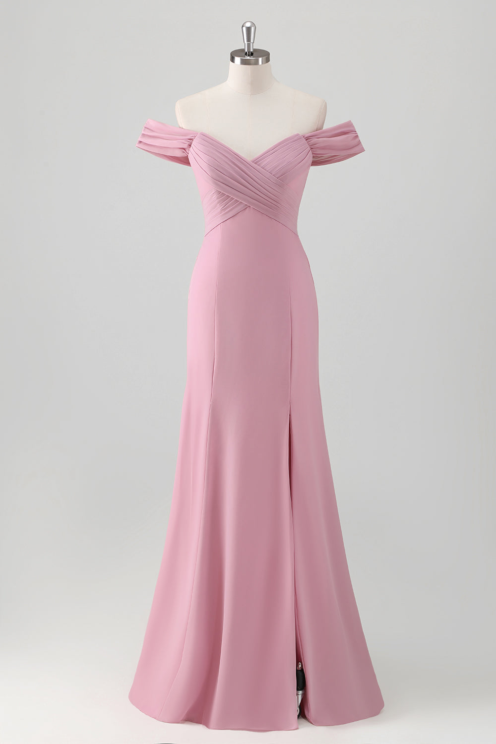 Pink Sheath Off The Shoulder Long Bridesmaid Dress with Slit