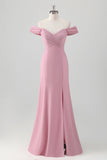 Pink Sheath Off The Shoulder Long Bridesmaid Dress with Slit