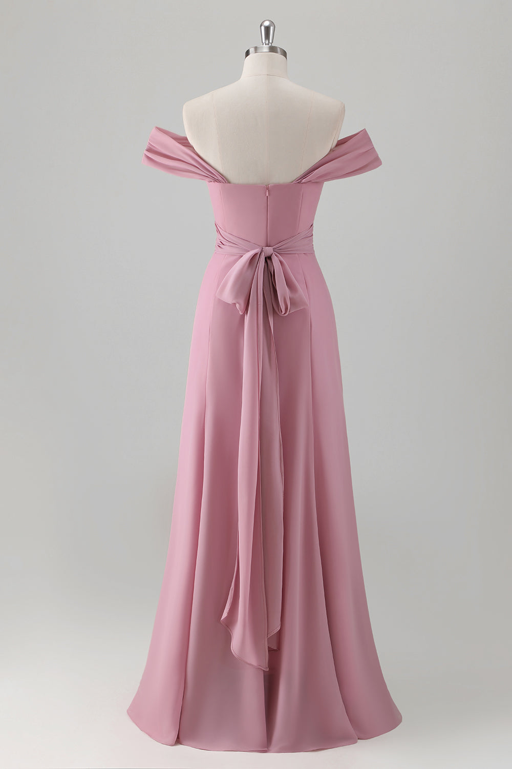 Pink Sheath Off The Shoulder Long Bridesmaid Dress with Slit