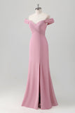 Pink Sheath Off The Shoulder Long Bridesmaid Dress with Slit