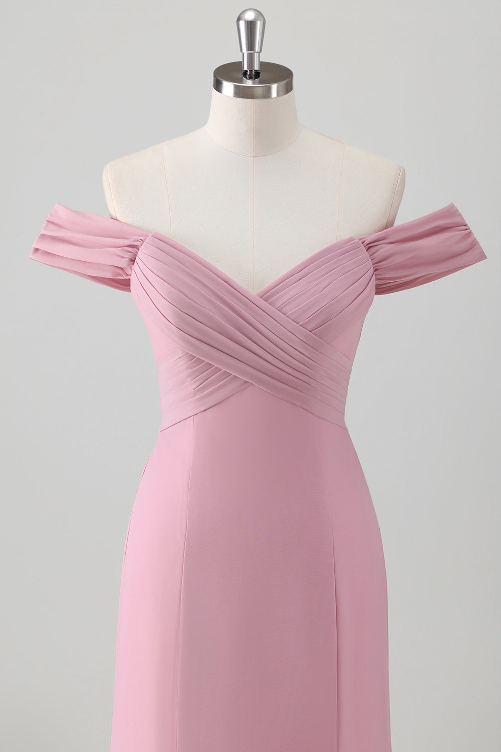 Pink Sheath Off The Shoulder Long Bridesmaid Dress with Slit