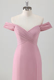 Pink Sheath Off The Shoulder Long Bridesmaid Dress with Slit