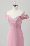 Pink Sheath Off The Shoulder Long Bridesmaid Dress with Slit