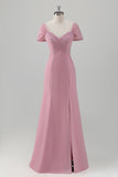 Pink Sheath Off The Shoulder Long Bridesmaid Dress with Slit