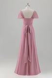 Pink Sheath Off The Shoulder Long Bridesmaid Dress with Slit