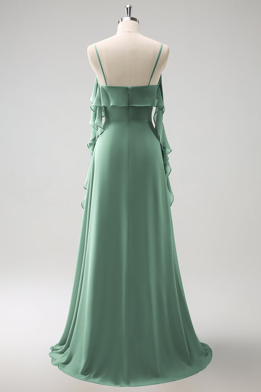 Eucalyptus A-Line Spaghetti Straps Chiffon Long Bridesmaid Dress with Slit