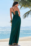 Dark Green A-Line Ruched Lace-Up Back Satin Long Bridesmaid Dress