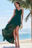 Dark Green A-Line Ruched Lace-Up Back Satin Long Bridesmaid Dress