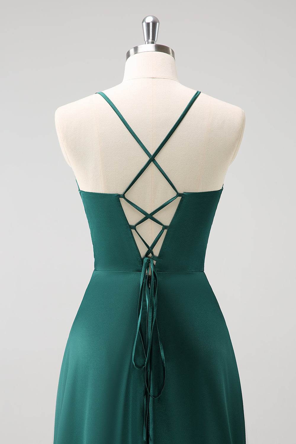 Dark Green A-Line Ruched Lace-Up Back Satin Long Bridesmaid Dress