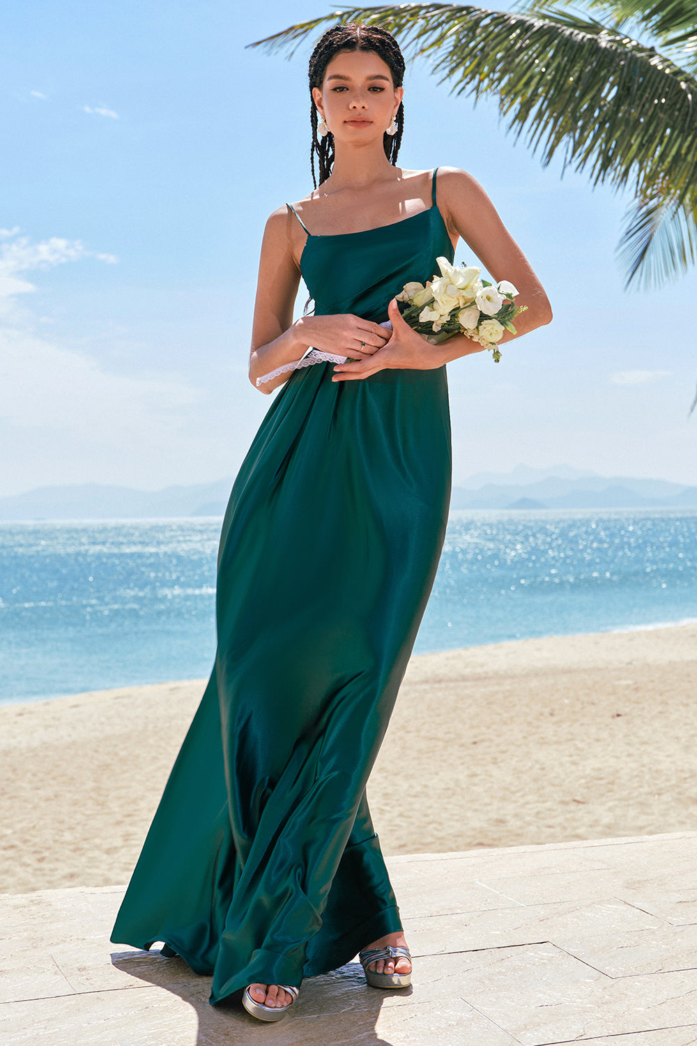 A-Line Dark Green Spaghetti Straps Satin Ruched Long Bridesmaid Dress