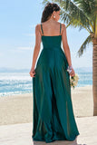 Dark Green A-Line Spaghetti Straps Satin Ruched Long Bridesmaid Dress