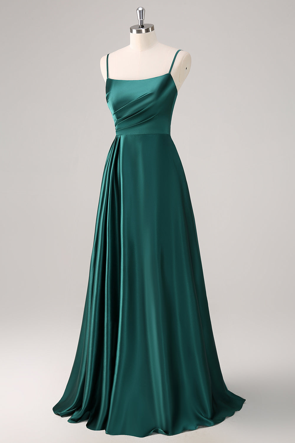 Dark Green A-Line Spaghetti Straps Satin Ruched Long Bridesmaid Dress