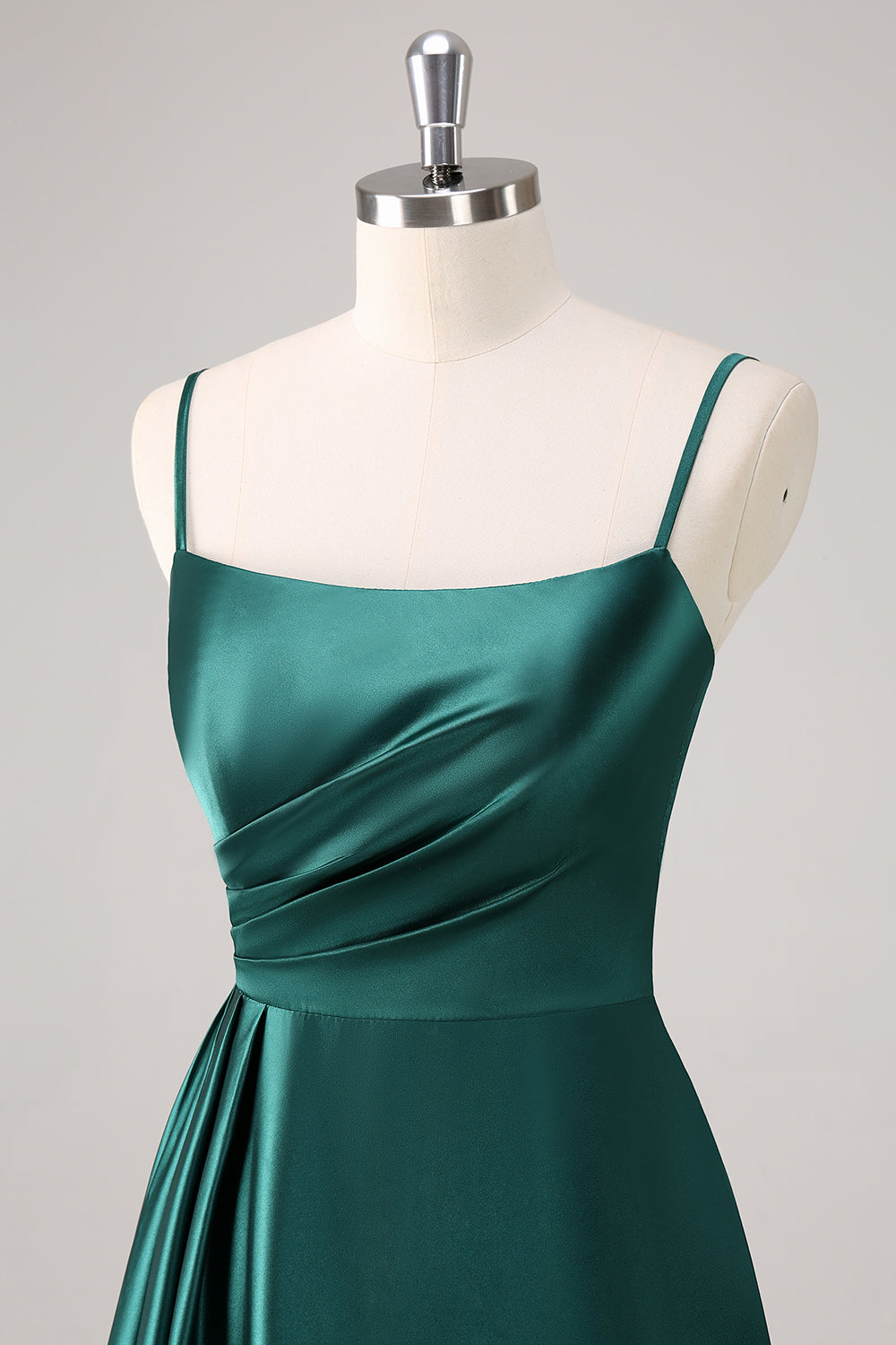 Dark Green A-Line Spaghetti Straps Satin Ruched Long Bridesmaid Dress