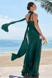 Dark Green Halter Satin Mermaid Bridesmaid Dress