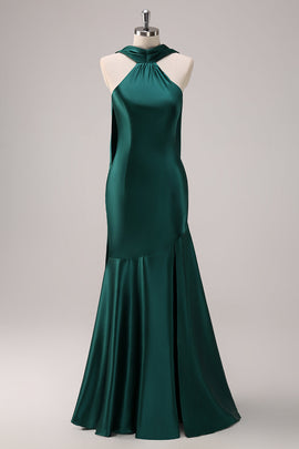 Dark Green Halter Satin Mermaid Bridesmaid Dress