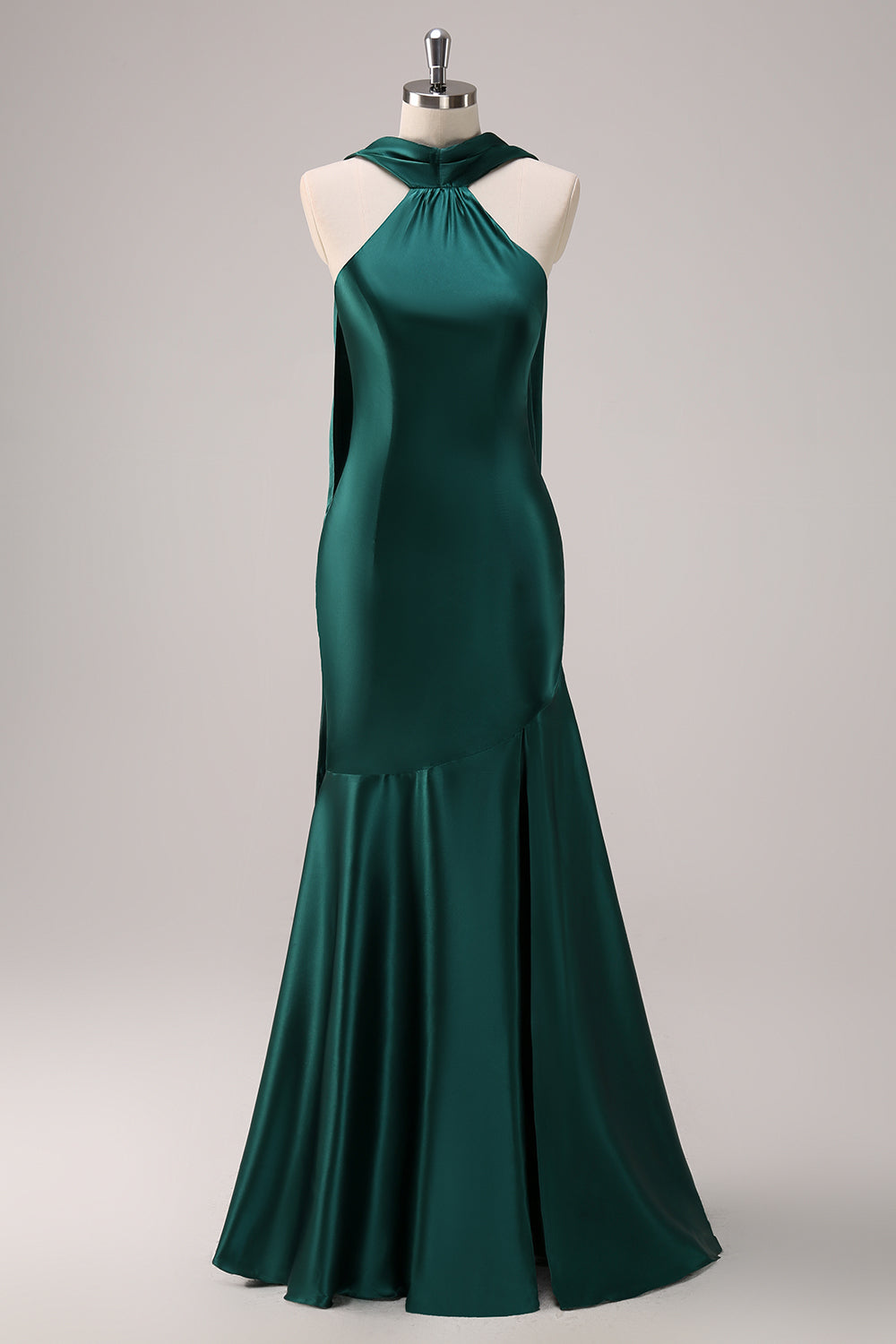 Dark Green Mermaid Halter Satin Long Bridesmaid Dress with Streamer