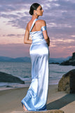 Sky Blue Sheath One Shoulder Long Brideamaid Dress with Slit