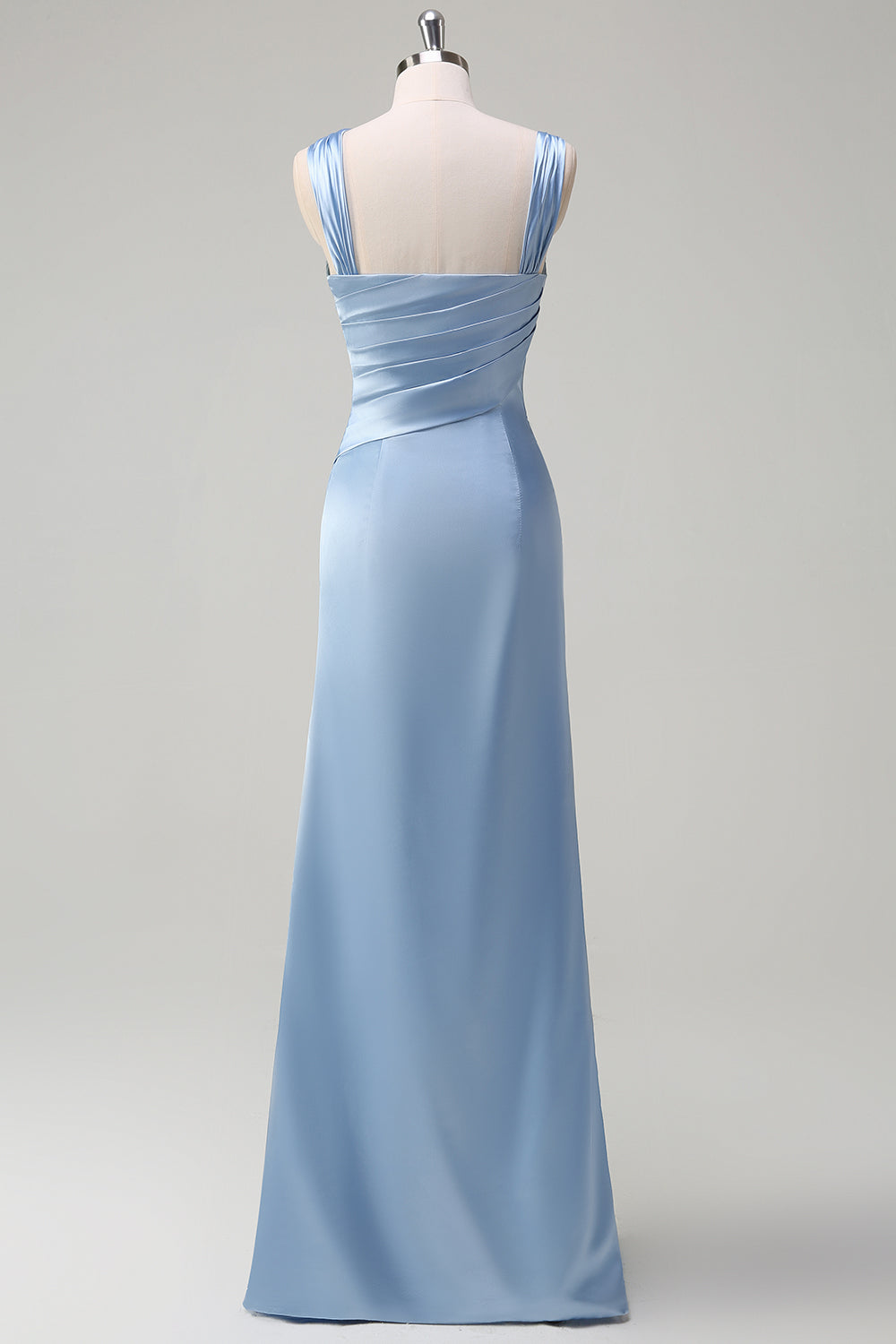 Elegant Sky Blue Sheath Cold Shoulder Pleated Satin Long Bridesmaid Dress with Slit