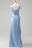 Elegant Sky Blue Sheath Cold Shoulder Pleated Satin Long Bridesmaid Dress with Slit