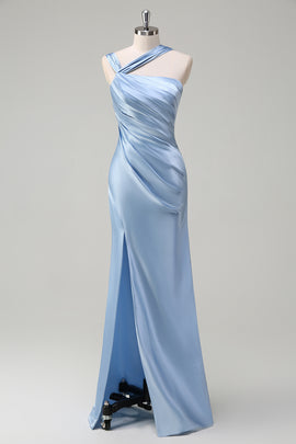 Sky Blue Sheath One Shoulder Long Brideamaid Dress with Slit