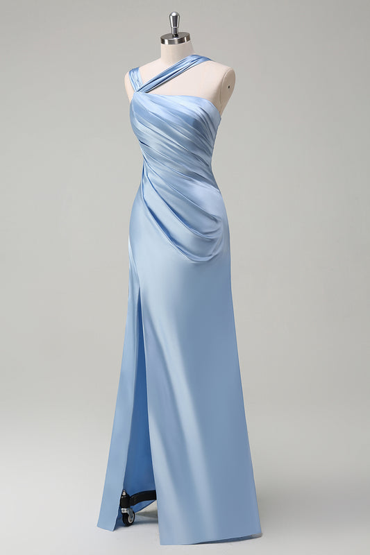 Sky Blue Sheath One Shoulder Long Brideamaid Dress with Slit