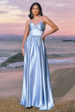 Sky Blue Spaghetti Straps Satin Long Bridesmaid Dress with Slit