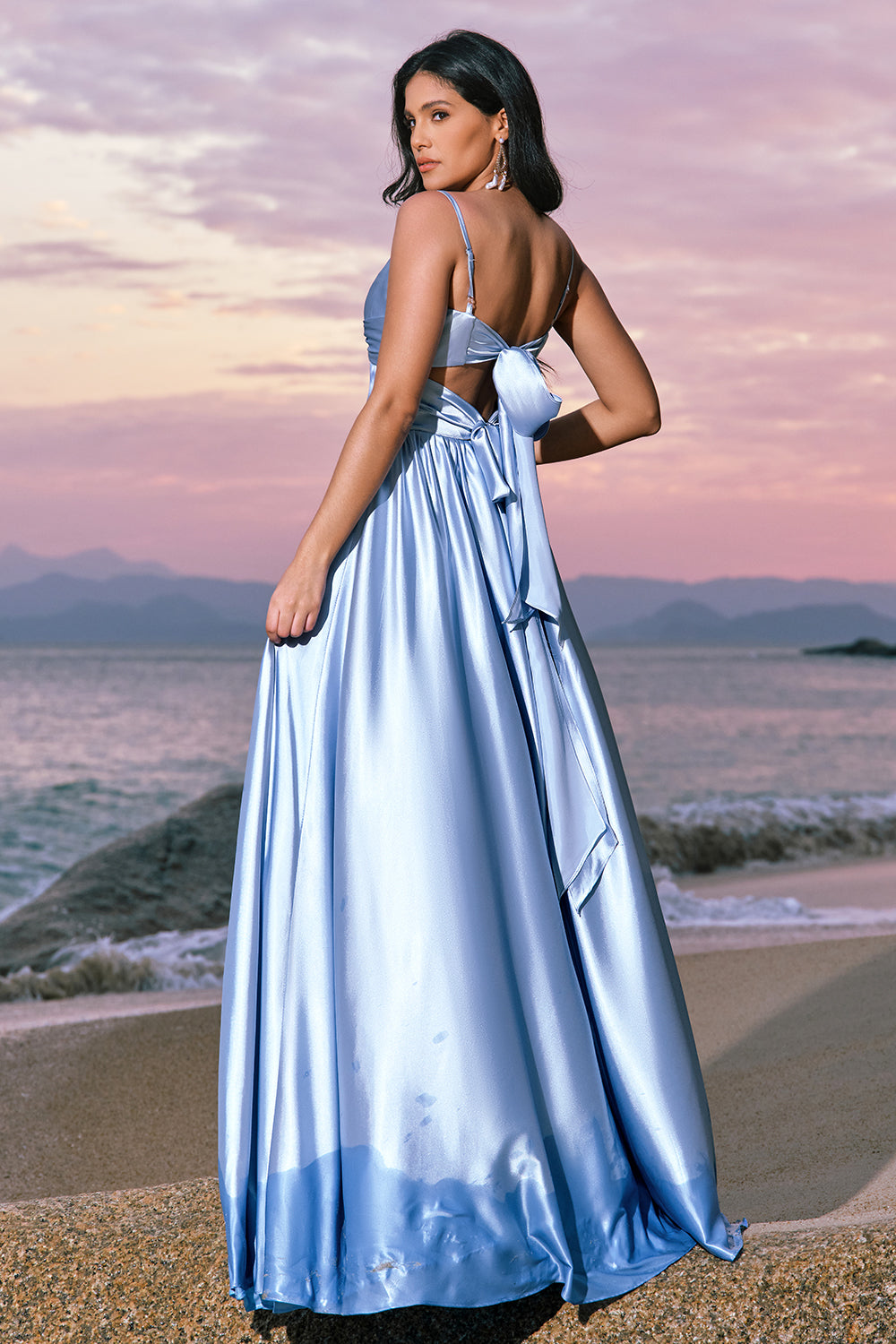 Sky Blue Spaghetti Straps Satin Long Bridesmaid Dress with Slit