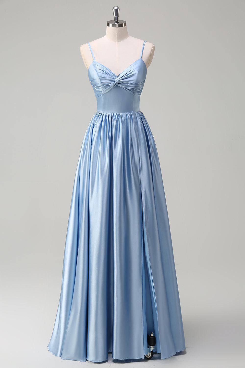 Sky Blue Spaghetti Straps Satin Long Bridesmaid Dress with Slit